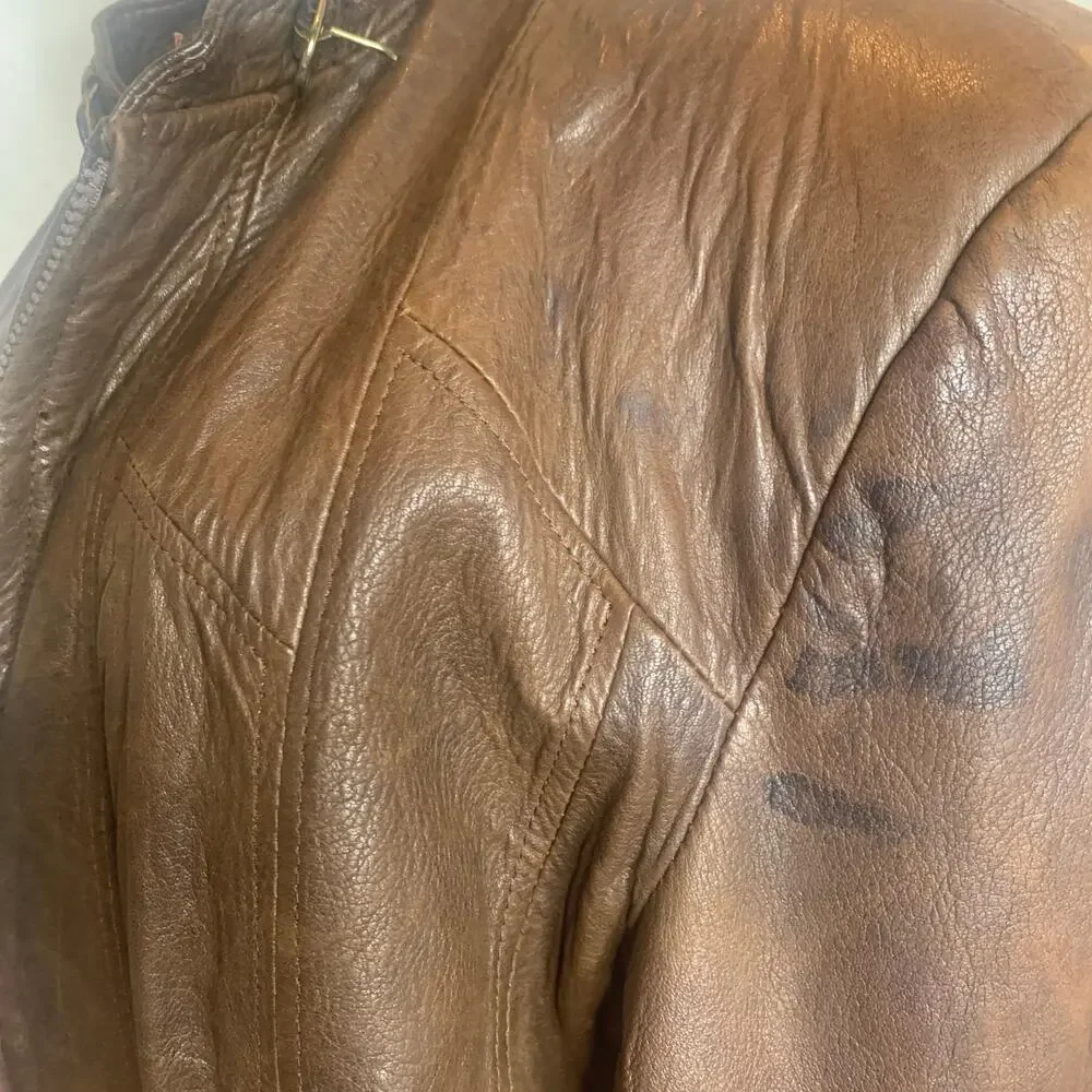 Vintage Grunge Brown Leather Bomber Jacket Sz 46 XL